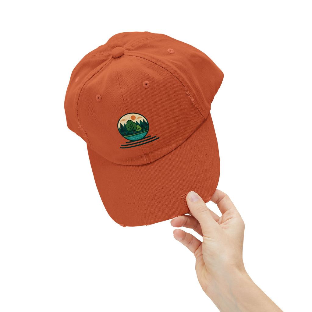 Mountain Forest Globe Cap | Distressed Hat, Nature Scenic Embroidery