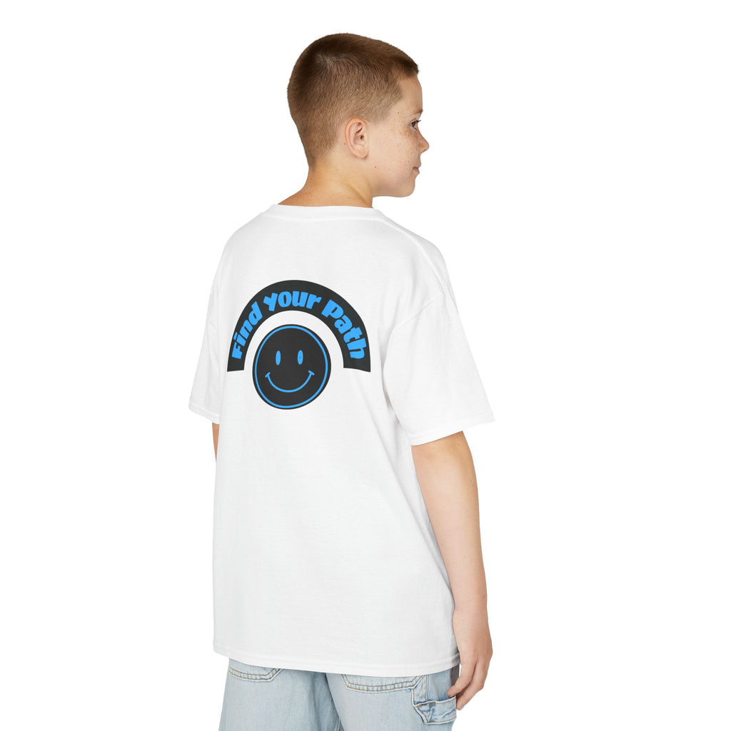 Explore Learn Protect | Kids Tee | Mountain Globe, Find Your Path Smiley