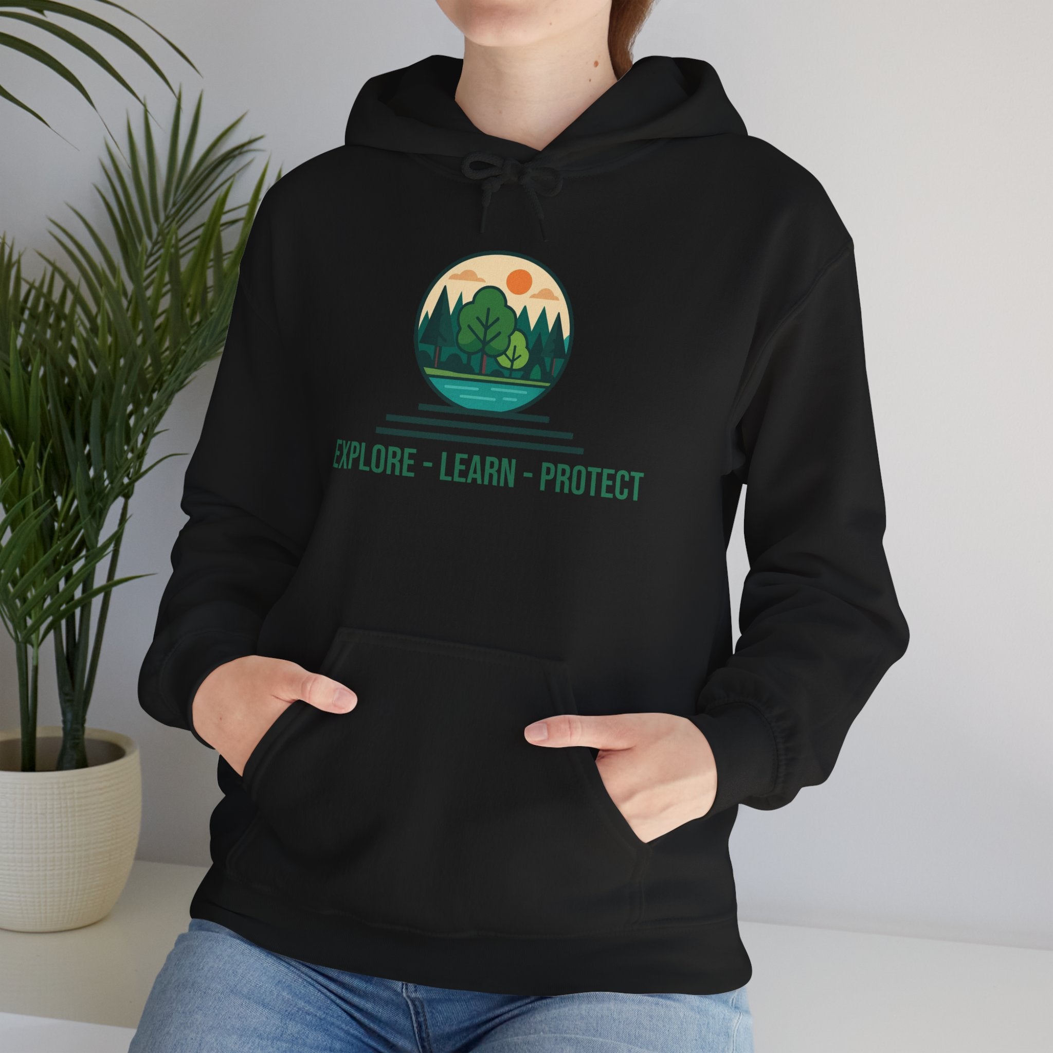 Explore Learn Protect hoodie | Mountain Nature Badge, Find Your Path back print