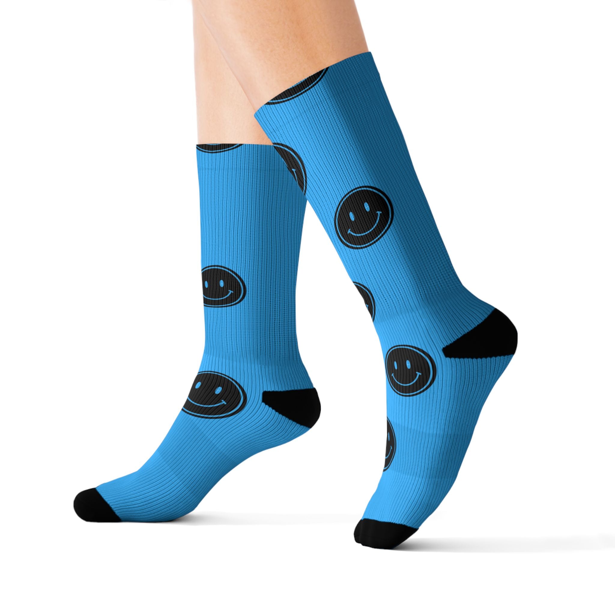 Black Smiley Face Pattern Socks | Blue Sublimation Socks