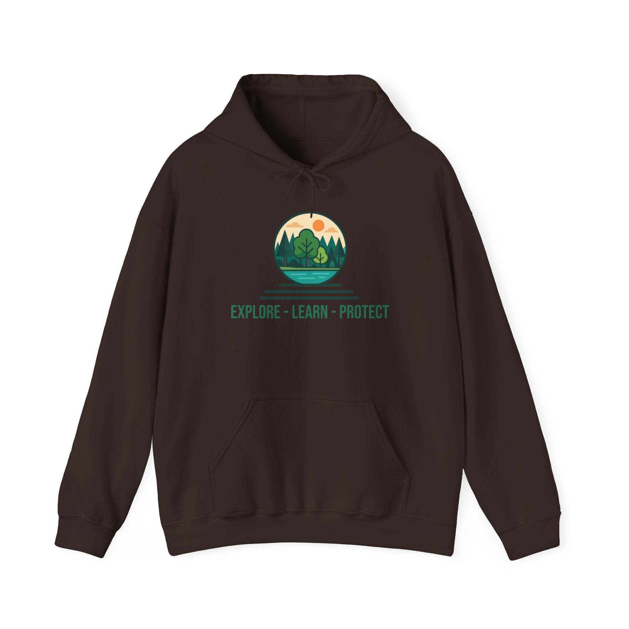 Explore Learn Protect hoodie | Mountain Nature Badge, Find Your Path back print