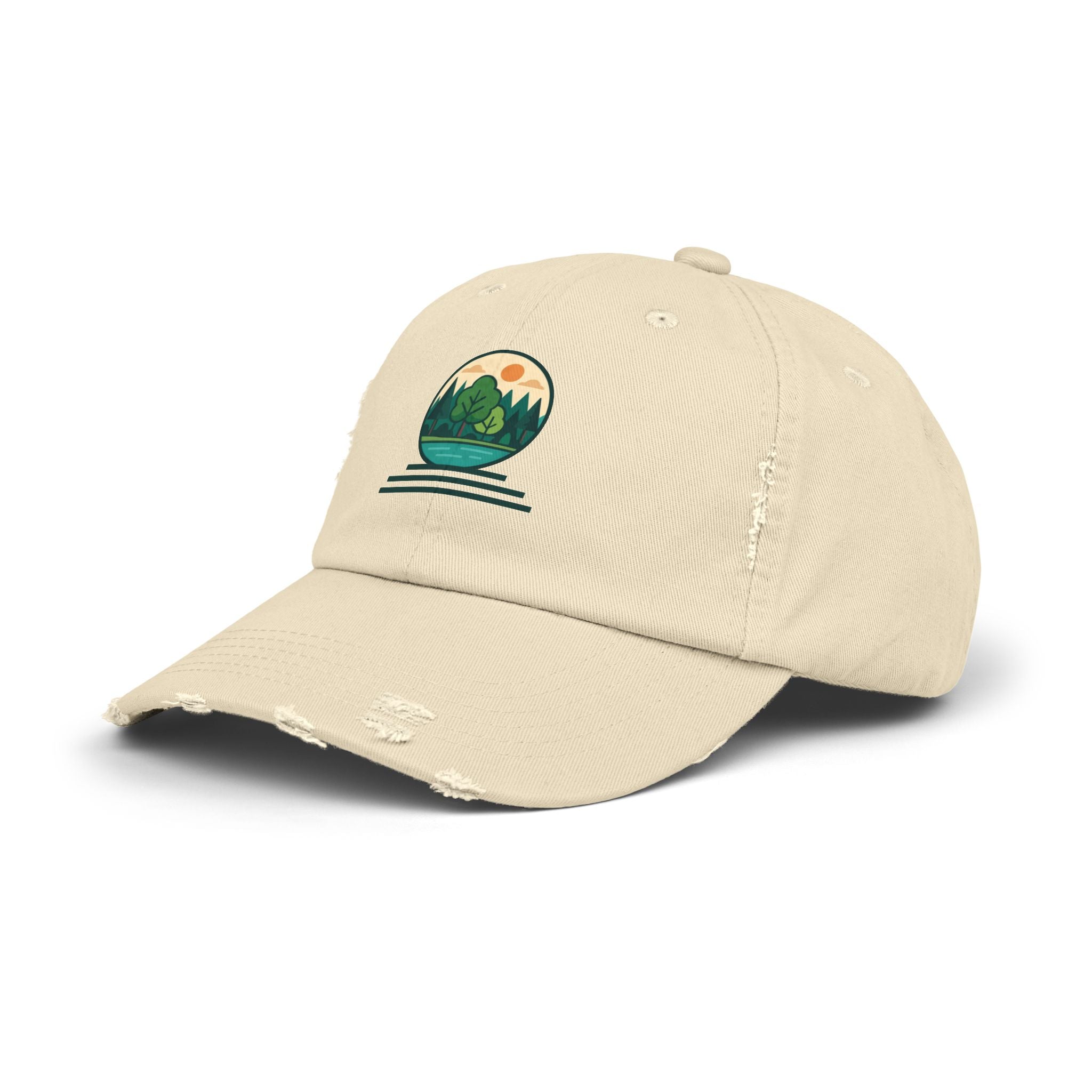 Mountain Forest Globe Cap | Distressed Hat, Nature Scenic Embroidery