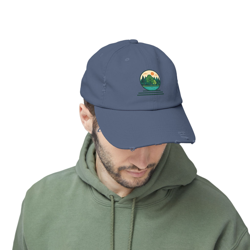 Mountain Forest Globe Cap | Distressed Hat, Nature Scenic Embroidery