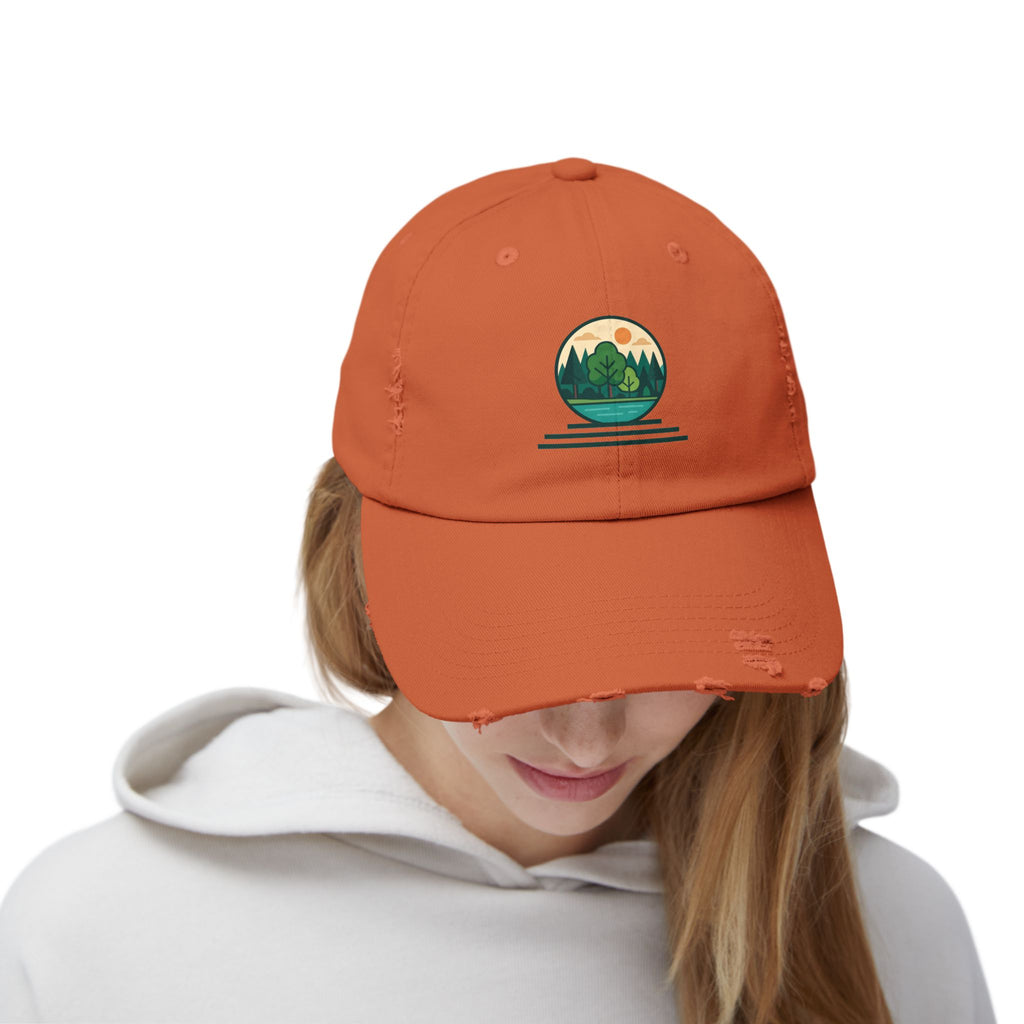 Mountain Forest Globe Cap | Distressed Hat, Nature Scenic Embroidery