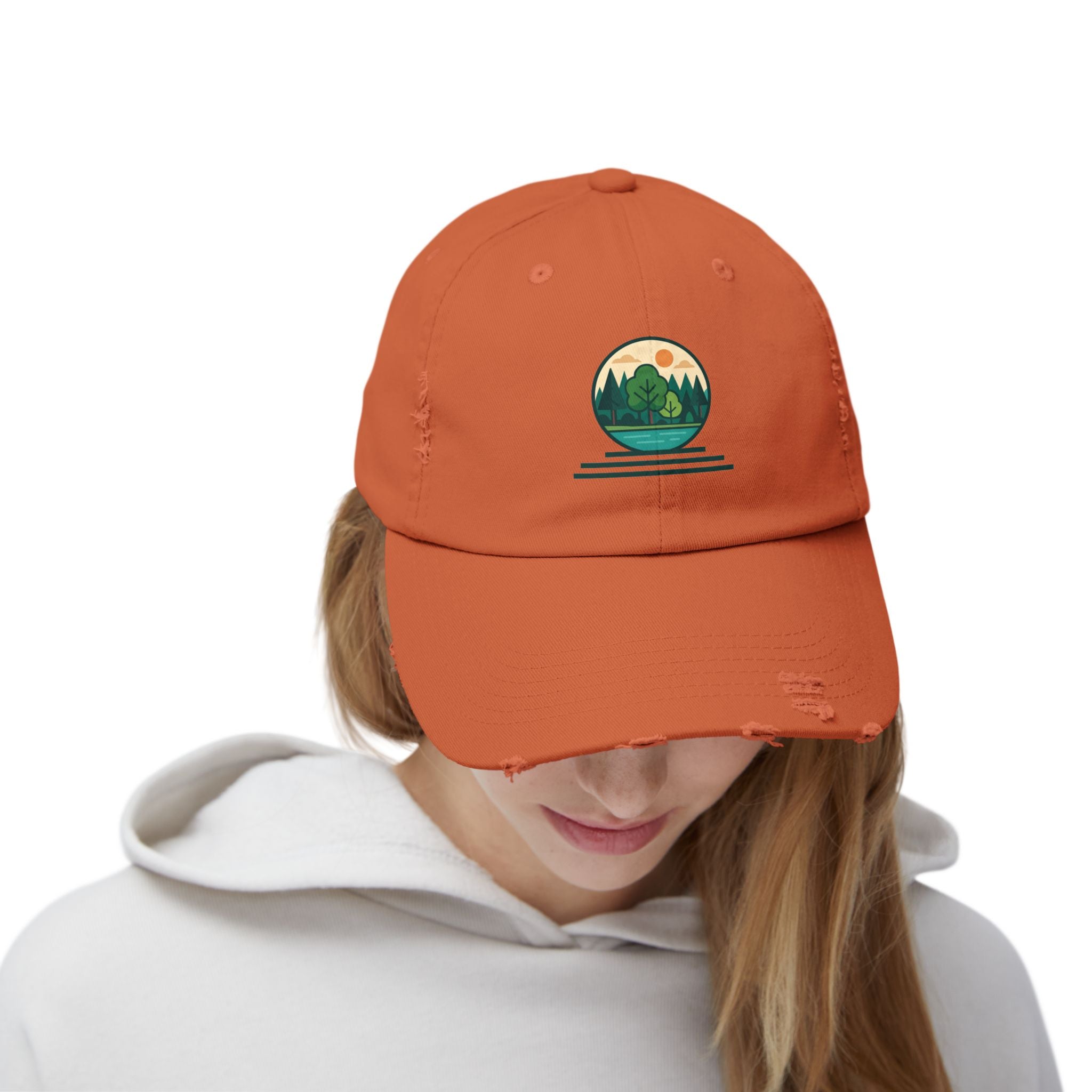 Mountain Forest Globe Cap | Distressed Hat, Nature Scenic Embroidery