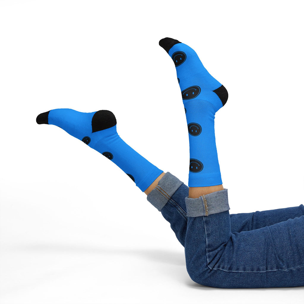 Black Smiley Face Pattern Socks | Blue Sublimation Socks