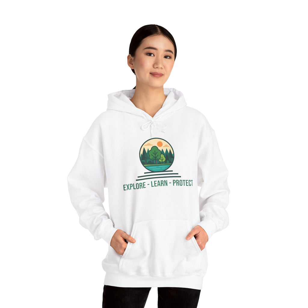 Explore Learn Protect hoodie | Mountain Nature Badge, Find Your Path back print