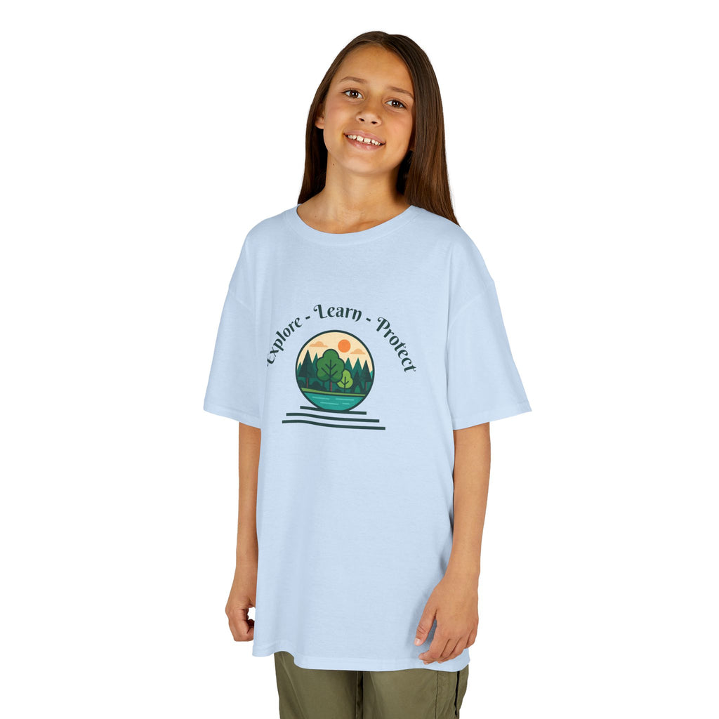 Explore Learn Protect | Kids Tee | Mountain Globe, Find Your Path Smiley