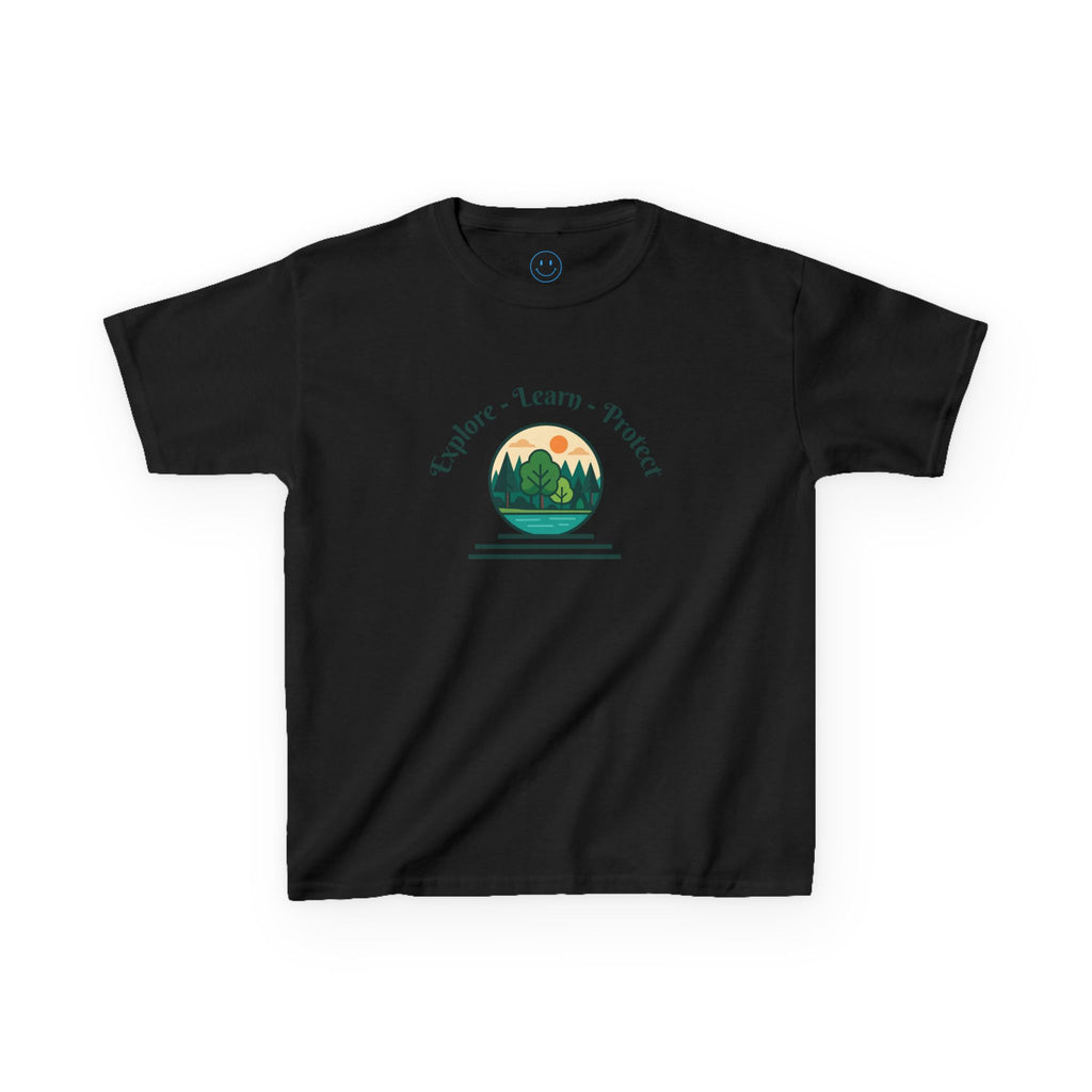 Explore Learn Protect | Kids Tee | Mountain Globe, Find Your Path Smiley