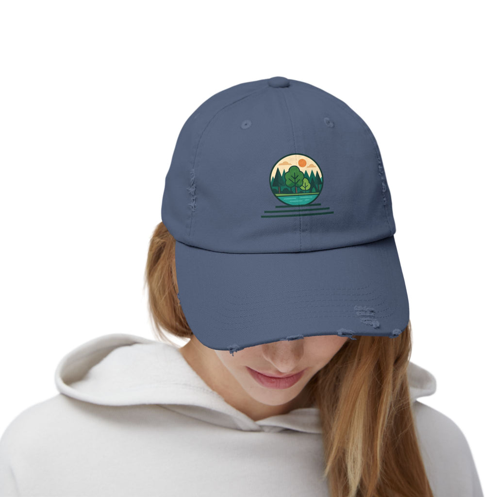 Mountain Forest Globe Cap | Distressed Hat, Nature Scenic Embroidery