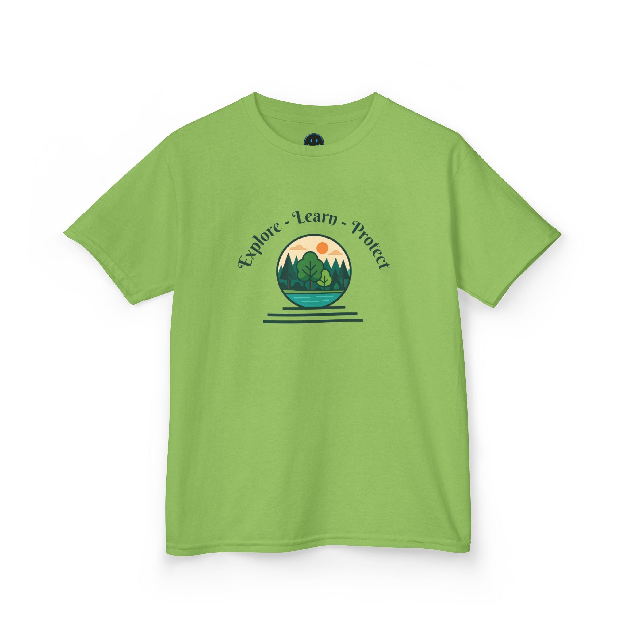 Explore Learn Protect | Kids Tee | Mountain Globe, Find Your Path Smiley