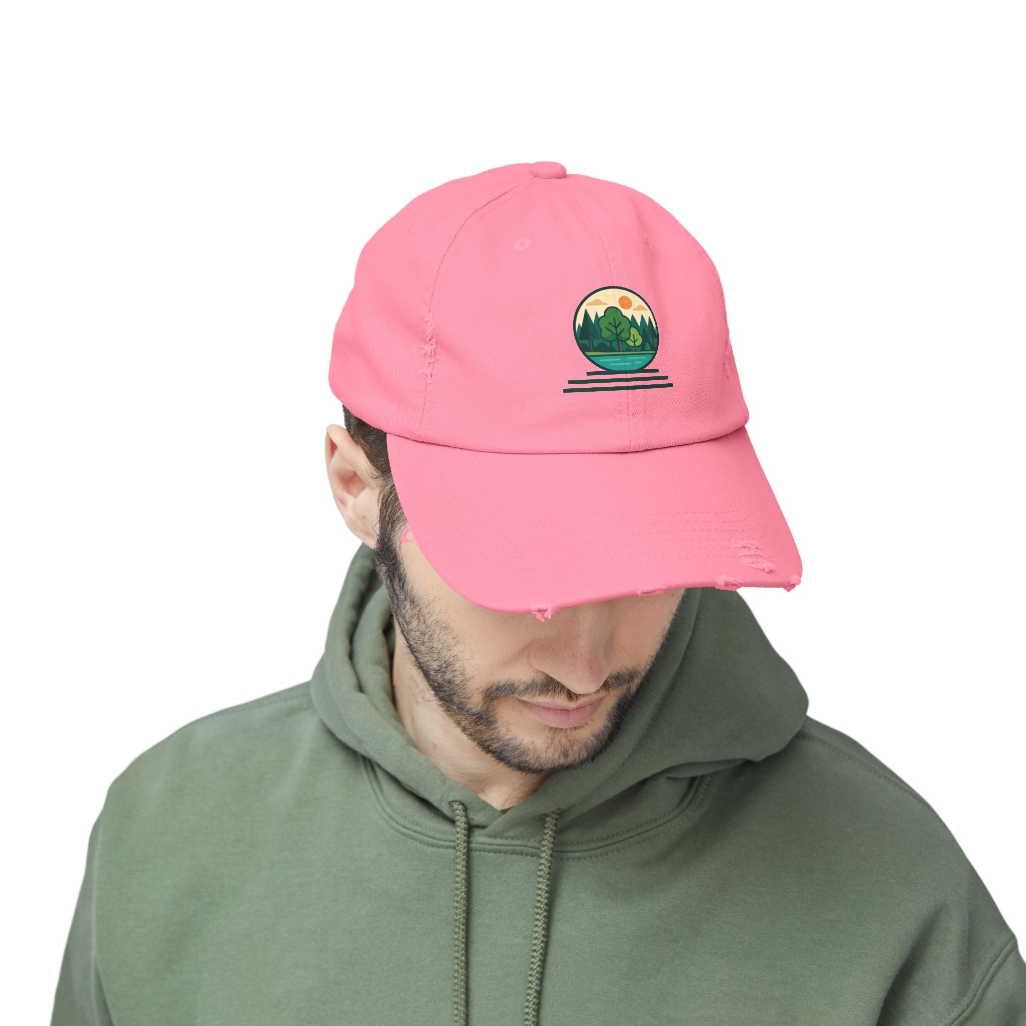 Mountain Forest Globe Cap | Distressed Hat, Nature Scenic Embroidery