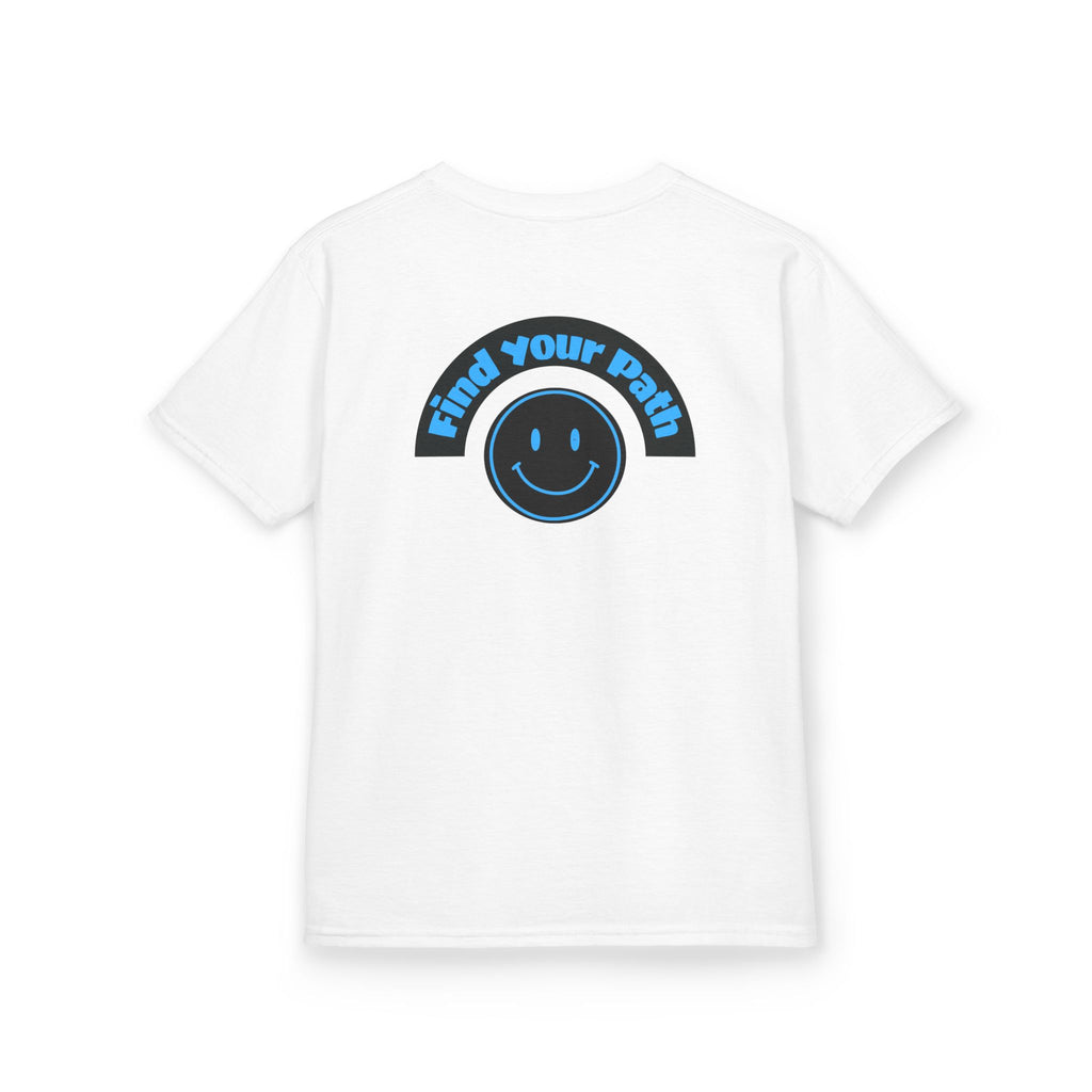 Explore Learn Protect | Kids Tee | Mountain Globe, Find Your Path Smiley