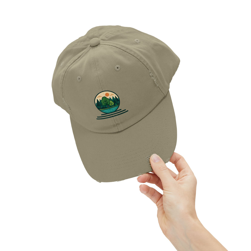 Mountain Forest Globe Cap | Distressed Hat, Nature Scenic Embroidery