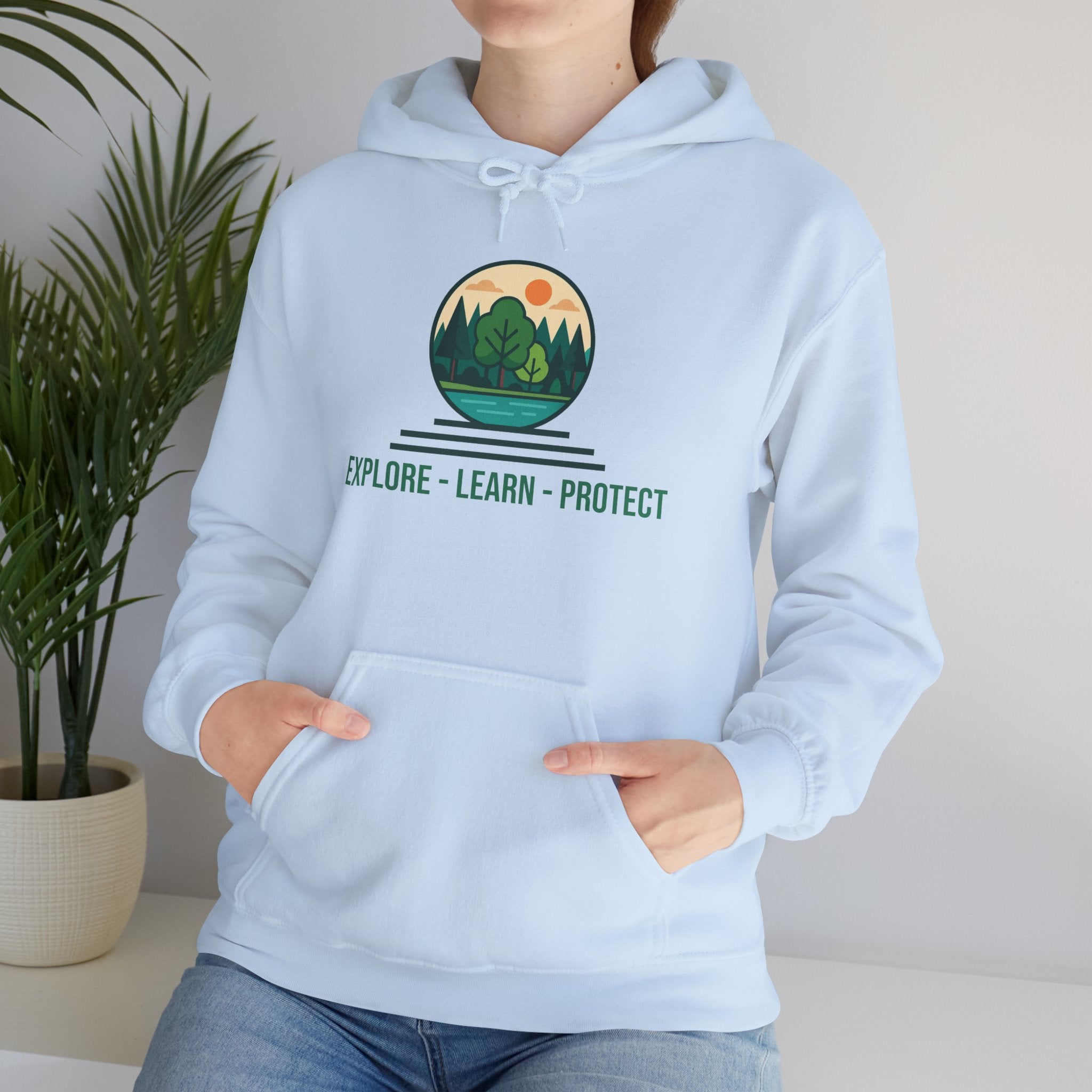 Explore Learn Protect hoodie | Mountain Nature Badge, Find Your Path back print
