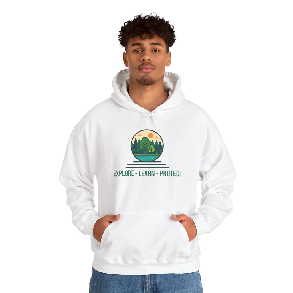 Explore Learn Protect hoodie | Mountain Nature Badge, Find Your Path back print