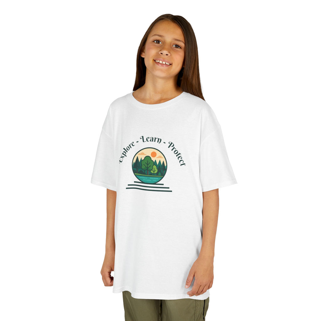 Explore Learn Protect | Kids Tee | Mountain Globe, Find Your Path Smiley