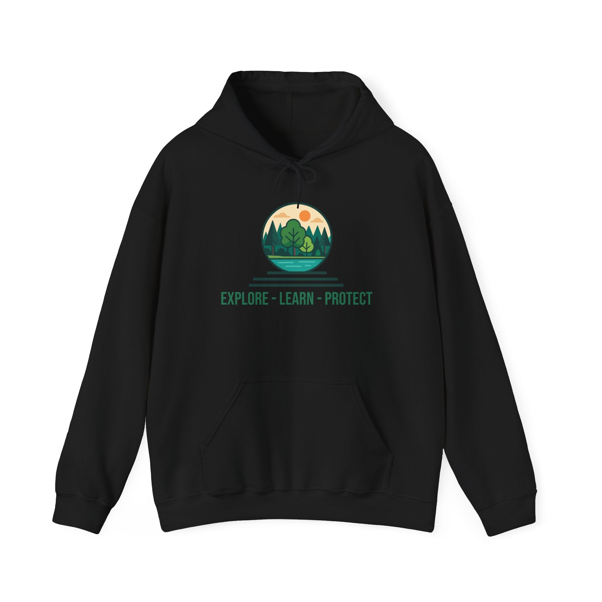 Explore Learn Protect hoodie | Mountain Nature Badge, Find Your Path back print
