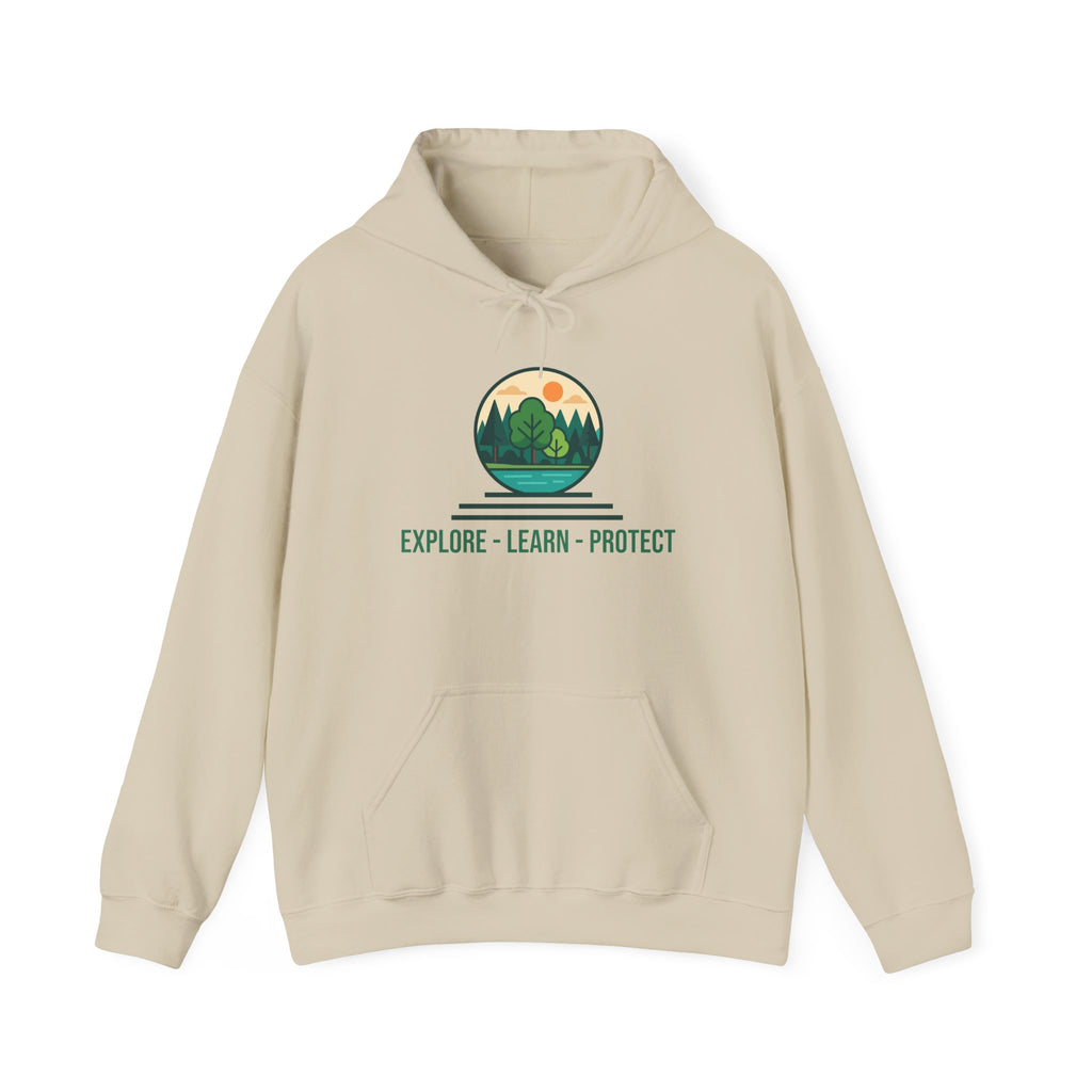 Explore Learn Protect hoodie | Mountain Nature Badge, Find Your Path back print