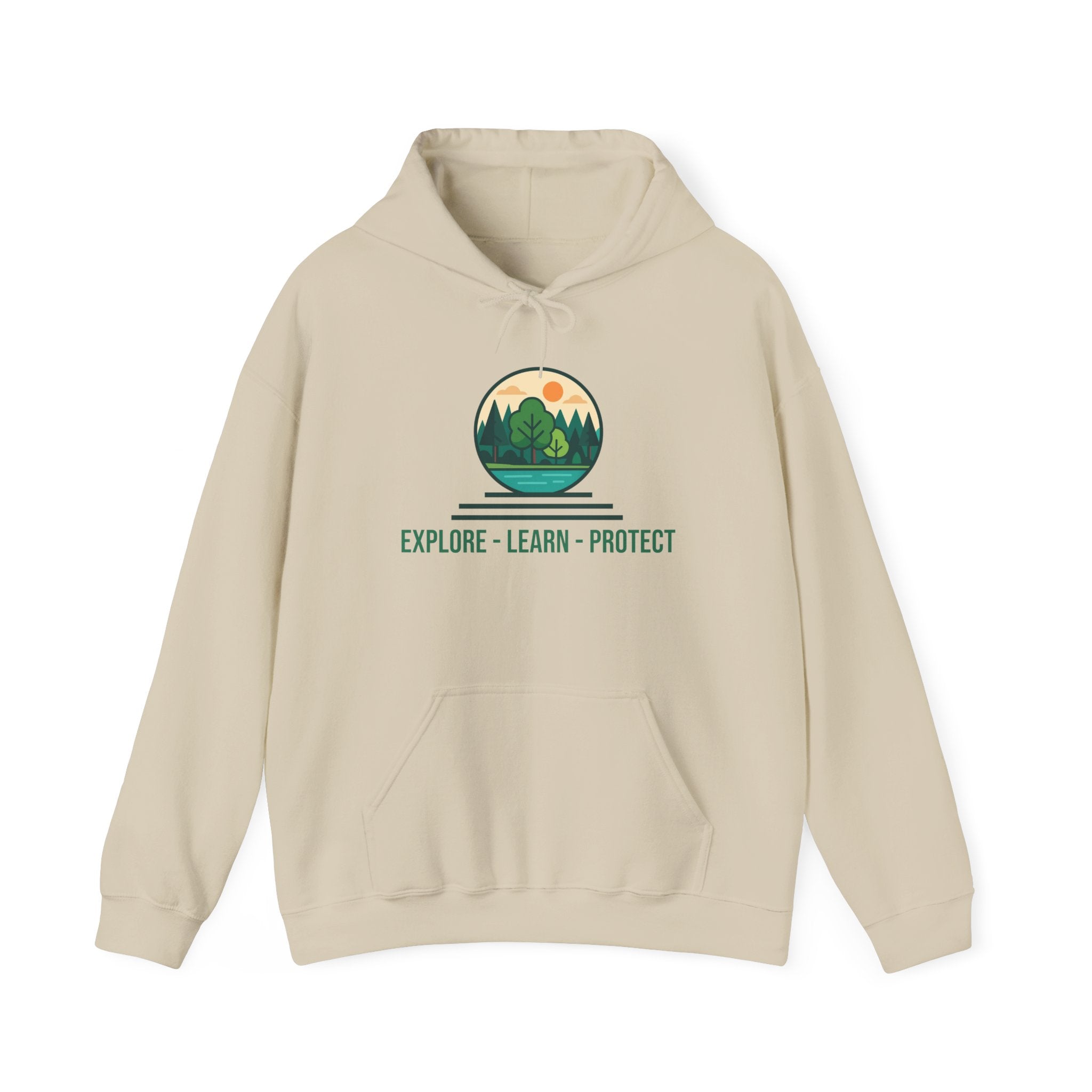 Explore Learn Protect hoodie | Mountain Nature Badge, Find Your Path back print