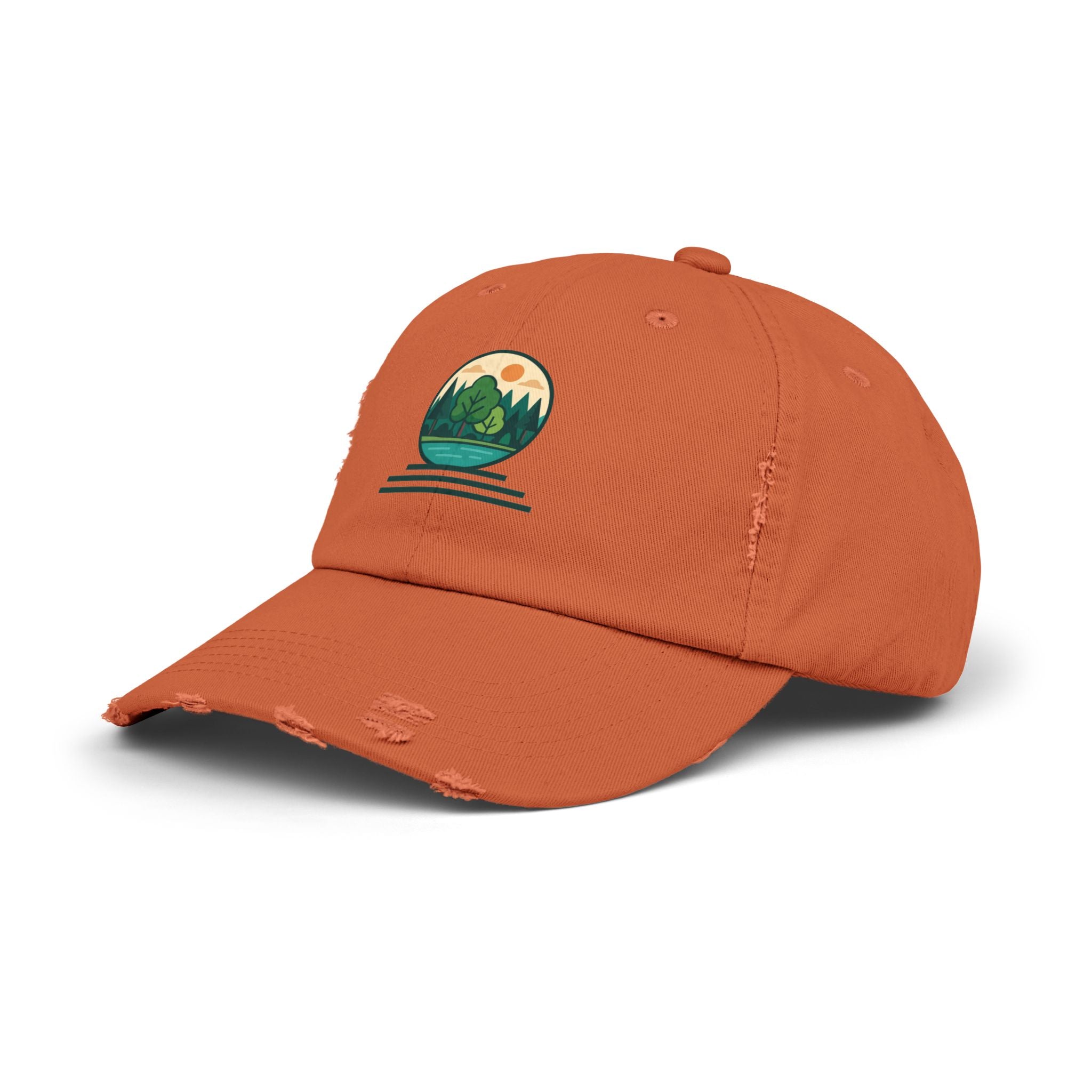 Mountain Forest Globe Cap | Distressed Hat, Nature Scenic Embroidery