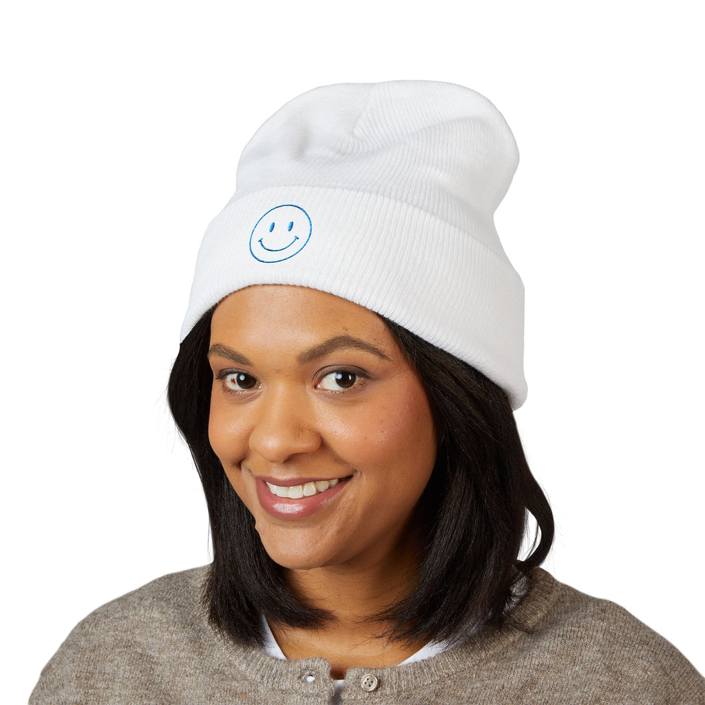 Blue Smiley Face Embroidered Beanie | Cuffed Beanie