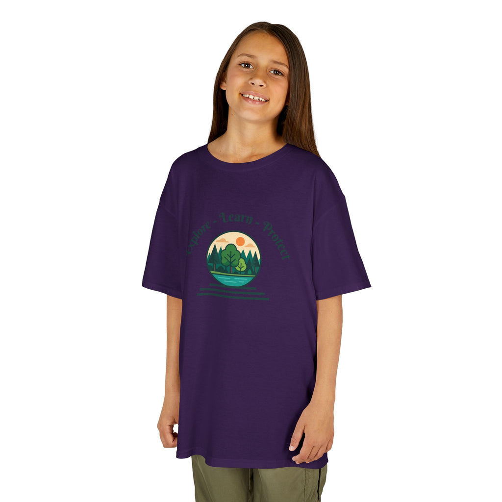 Explore Learn Protect | Kids Tee | Mountain Globe, Find Your Path Smiley