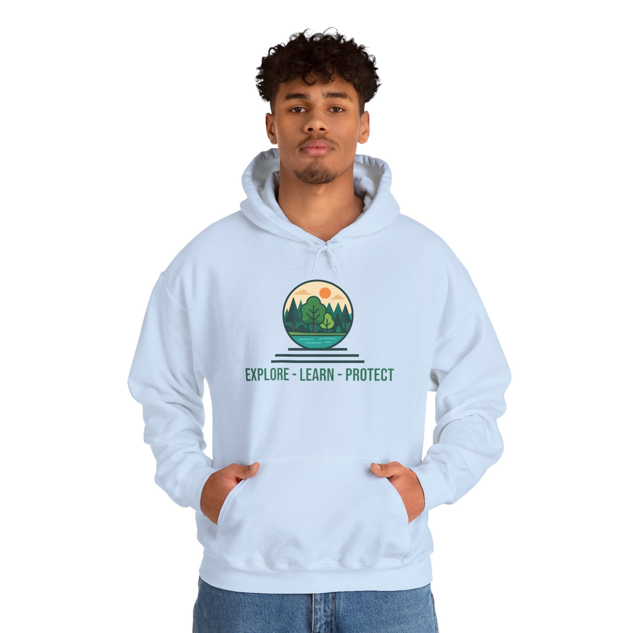 Explore Learn Protect hoodie | Mountain Nature Badge, Find Your Path back print