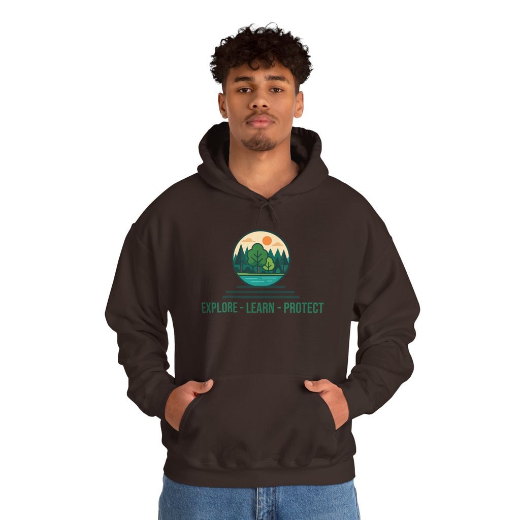 Explore Learn Protect hoodie | Mountain Nature Badge, Find Your Path back print