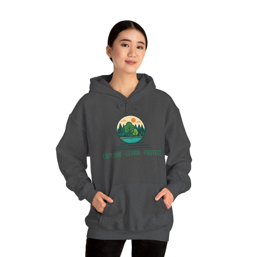 Explore Learn Protect hoodie | Mountain Nature Badge, Find Your Path back print
