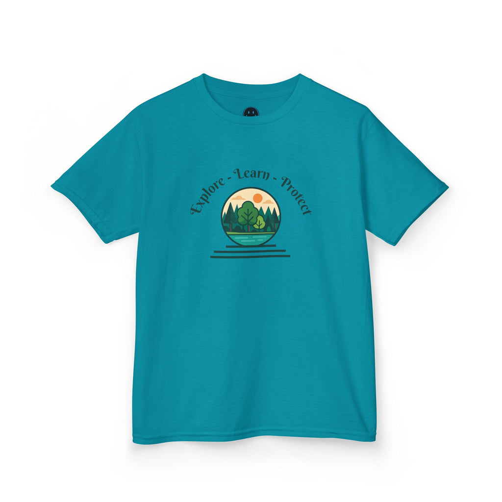 Explore Learn Protect | Kids Tee | Mountain Globe, Find Your Path Smiley