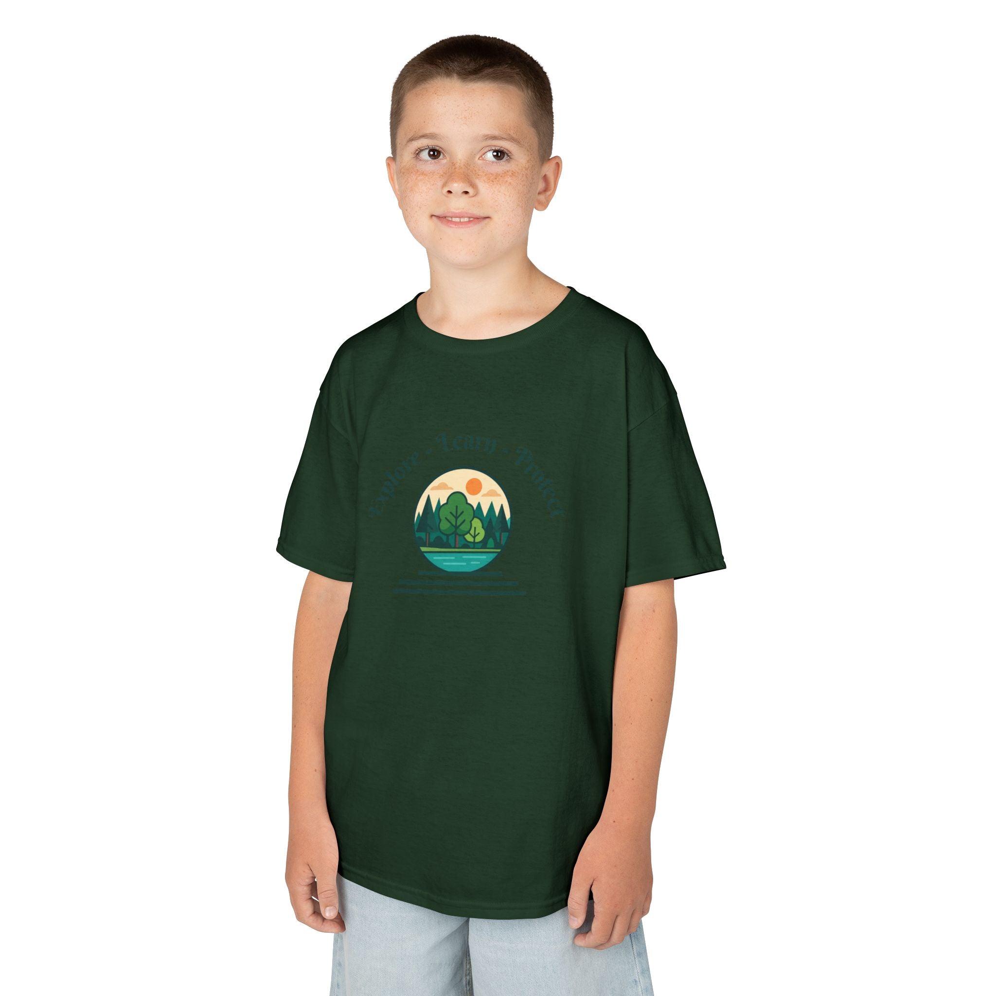 Explore Learn Protect | Kids Tee | Mountain Globe, Find Your Path Smiley