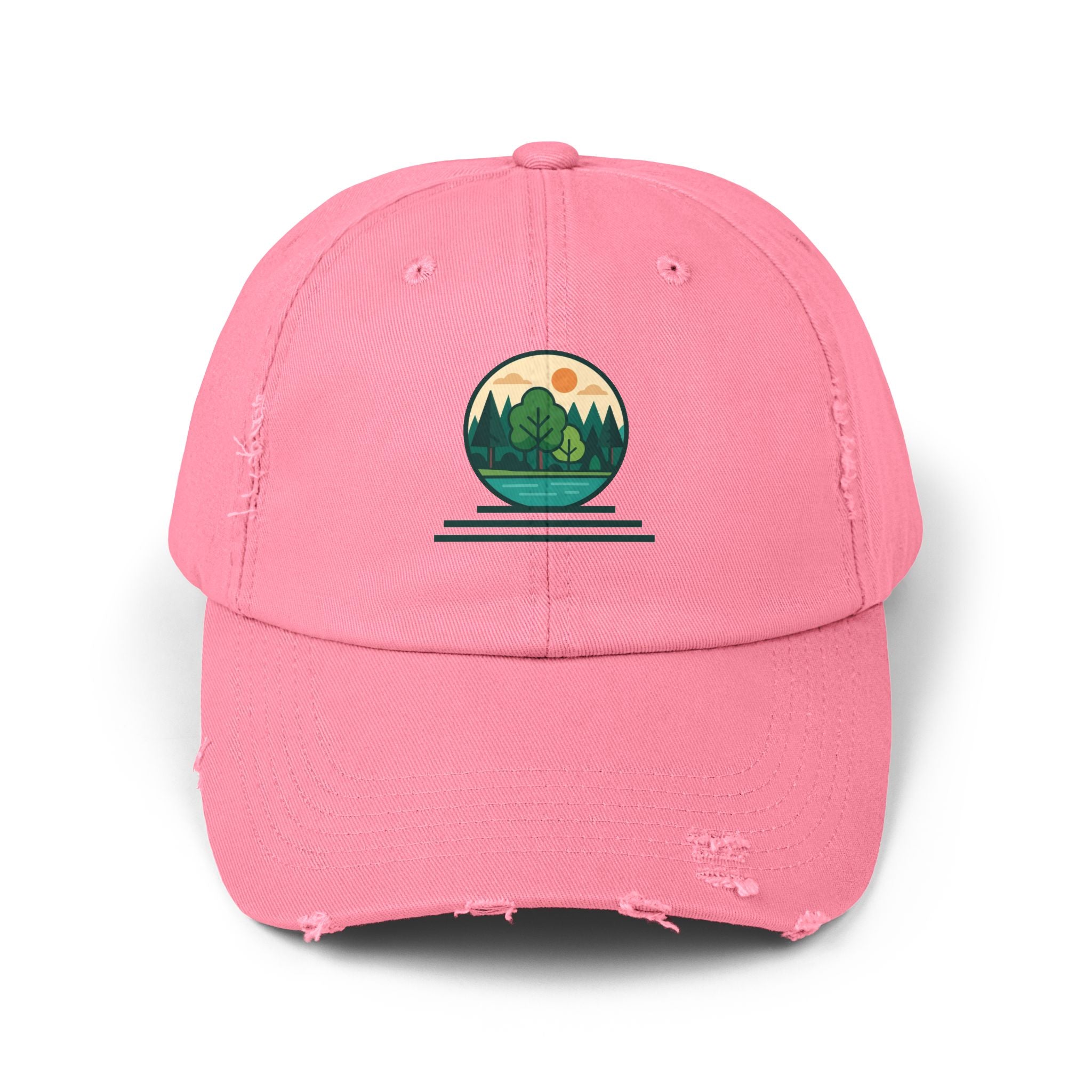 Mountain Forest Globe Cap | Distressed Hat, Nature Scenic Embroidery