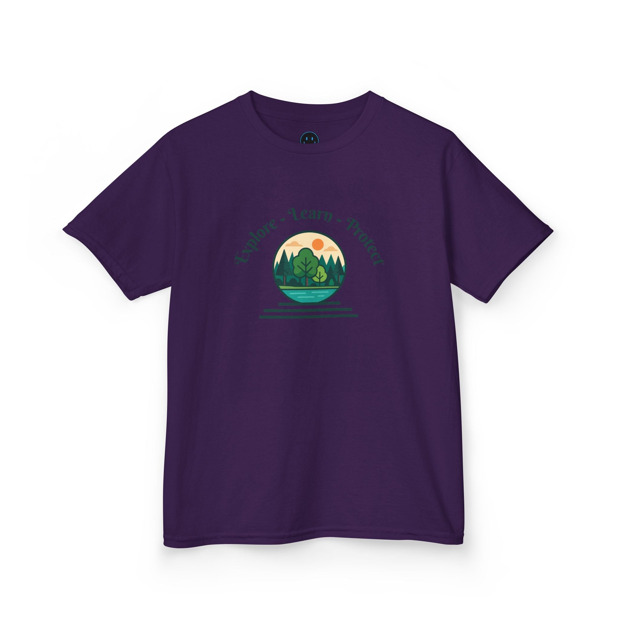 Explore Learn Protect | Kids Tee | Mountain Globe, Find Your Path Smiley
