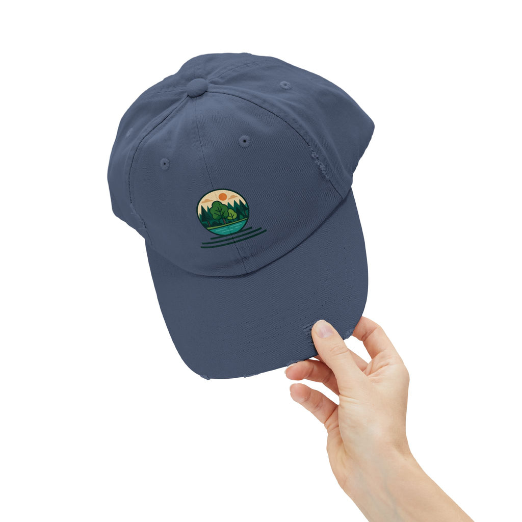 Mountain Forest Globe Cap | Distressed Hat, Nature Scenic Embroidery
